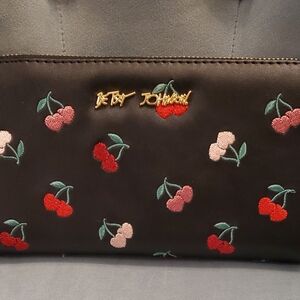 Betsey Johnson Black Clutch Wallet with Cherry Embroidery